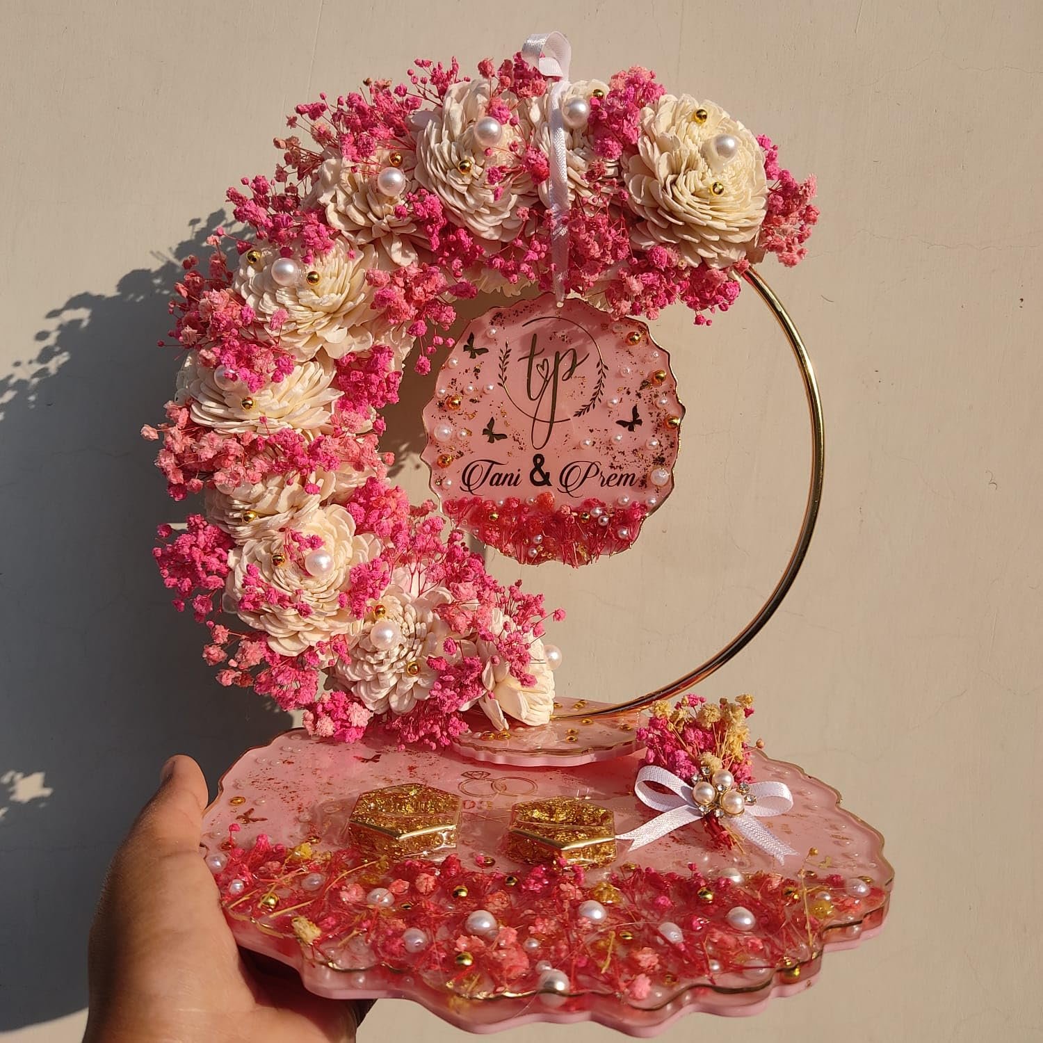 8 Inch Resin Engagement Ring Platter with Detachable | Handmade Decorative Tray for Roka, Wedding, Engagement Ceremony