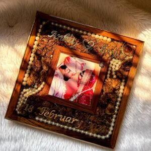 Wooden Resin Varmala Preservation Frame, 12x12 Inch, Wedding Garland Display with Pearl Embellishments