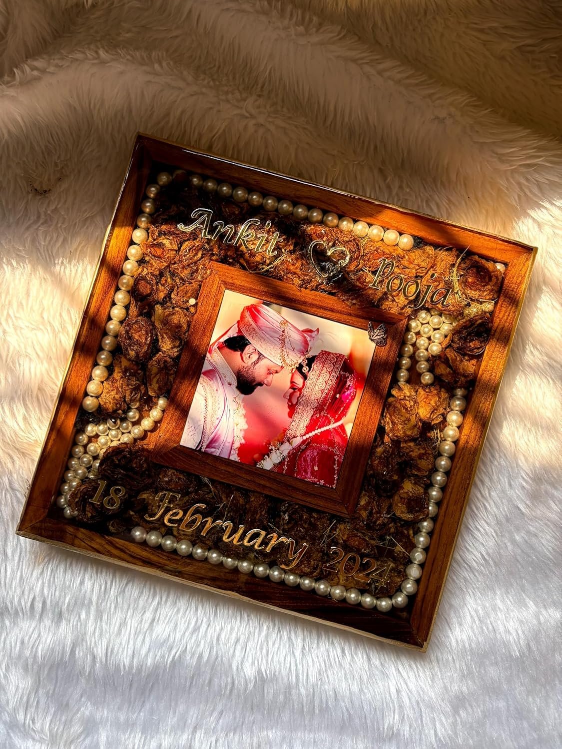 Wooden Resin Varmala Preservation Frame, 12x12 Inch, Wedding Garland Display with Pearl Embellishments